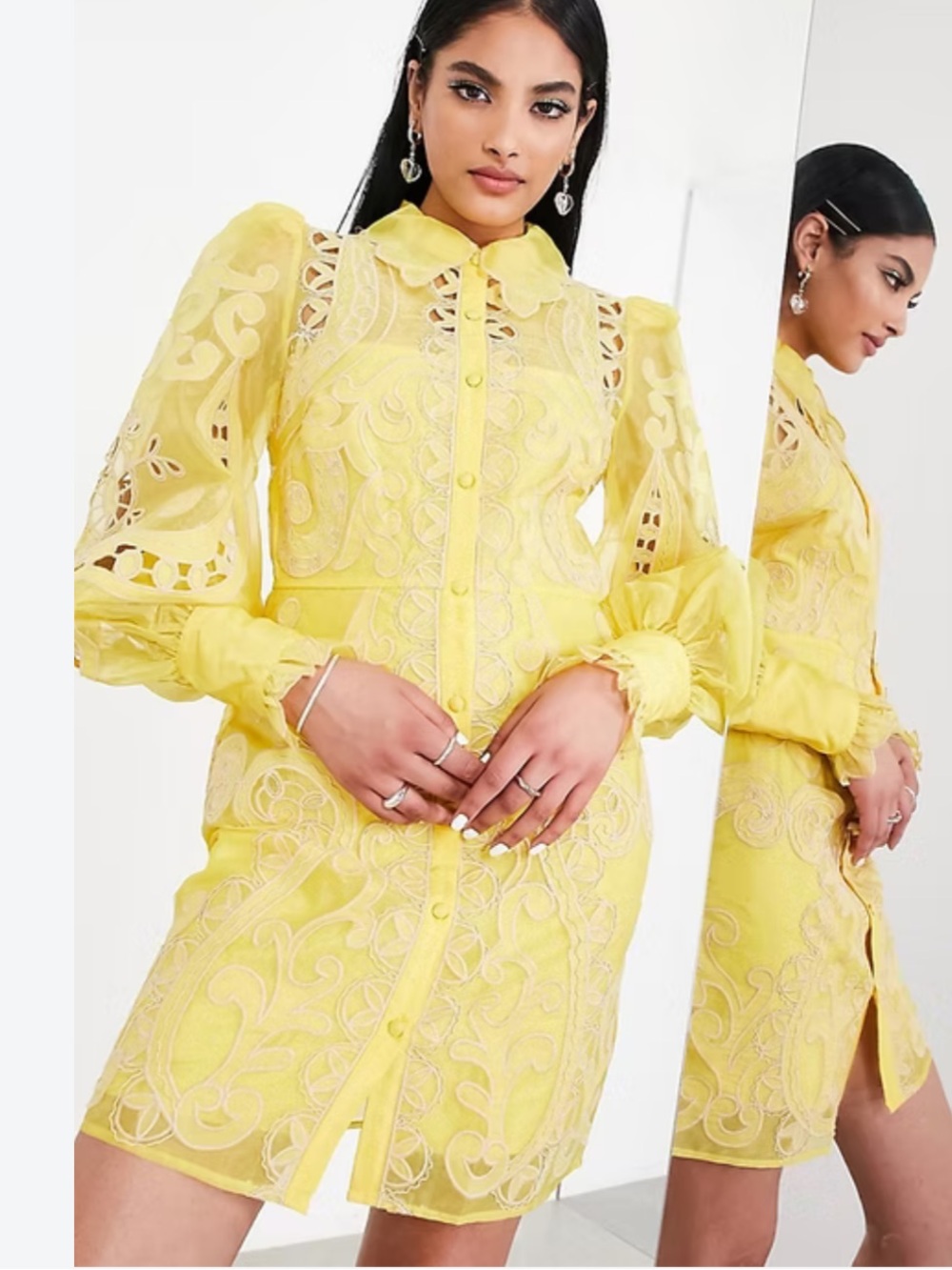 Asos Edition Women's Yellow Embroidered Organza Mini Shirt Dress in Yellow SZ 4